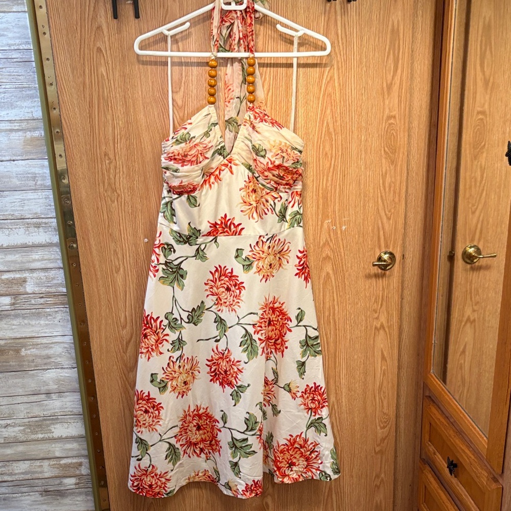 Donna Ricco SILK Floral Halter Midi Dress in Red and Green